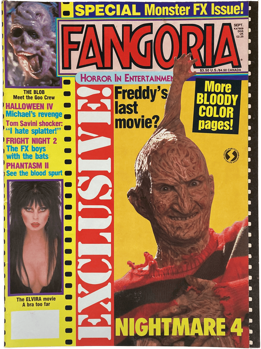 Fangoria Magazine #77 featuring Nightmare 4 Freddy Krueger and horror film special effects coverage with vibrant yellow cover.