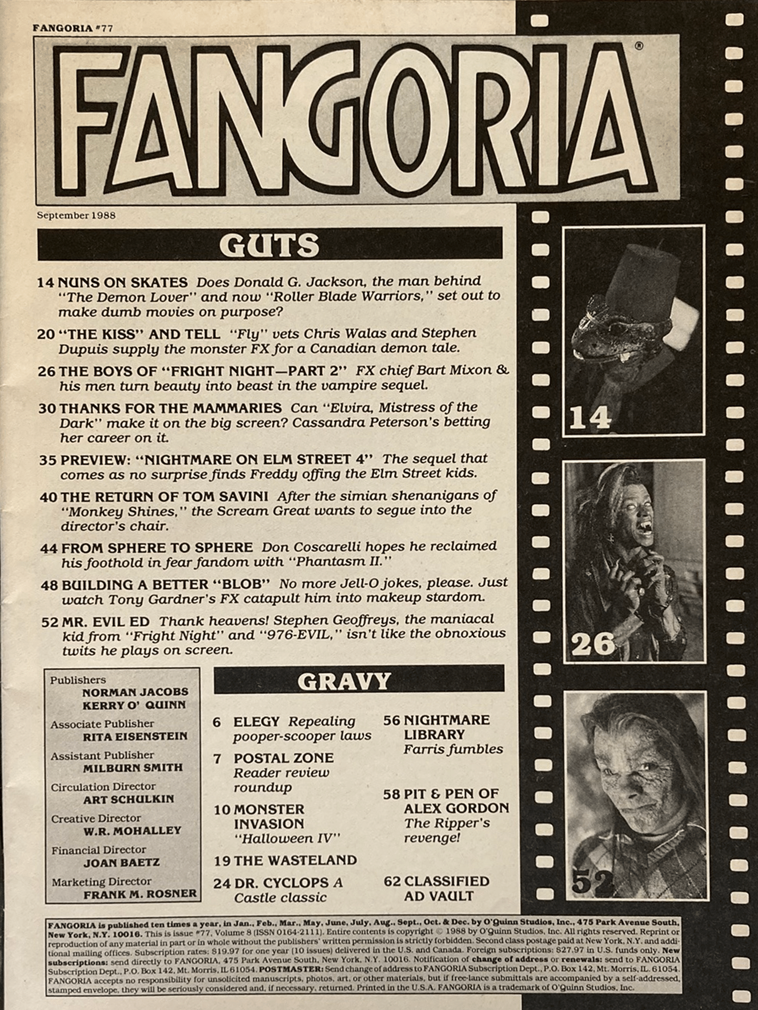 Fangoria Magazine #77 cover September 1988 featuring vintage horror film articles and black-and-white photos.