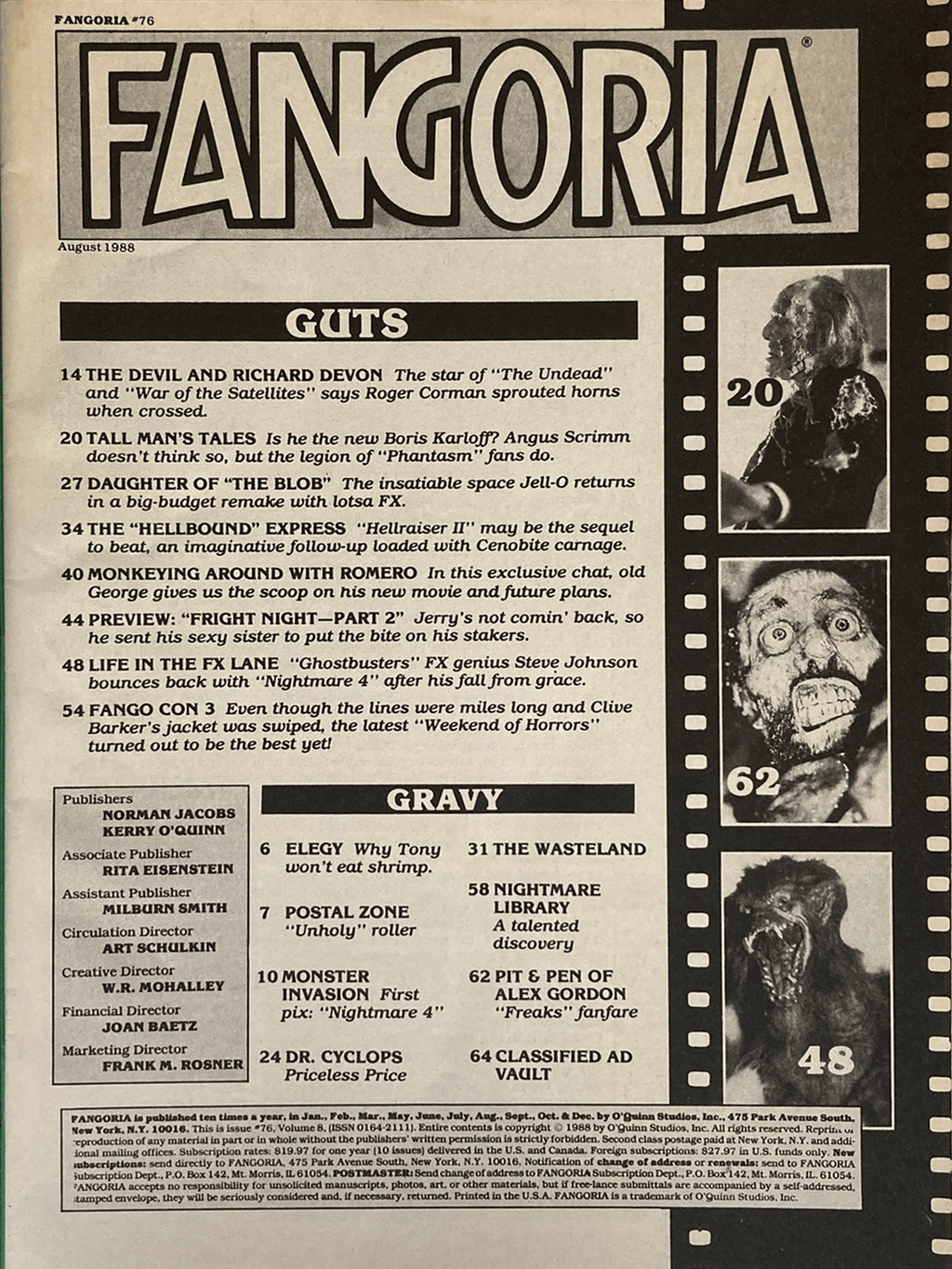 Fangoria Magazine #76 cover from August 1988 featuring horror film listings and classic black and white imagery.