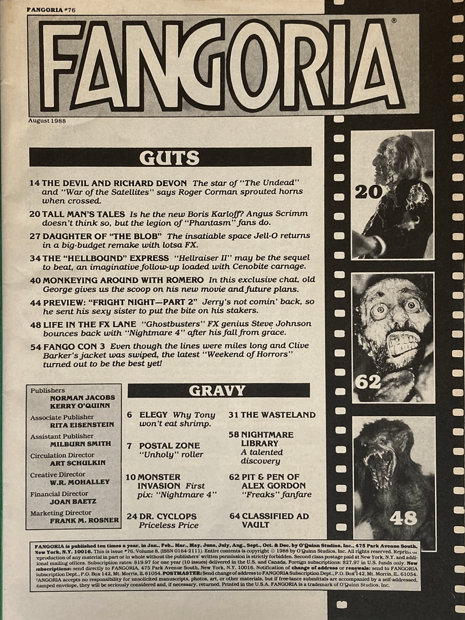 Fangoria Magazine #76 cover from August 1988 featuring horror film listings and classic black and white imagery.