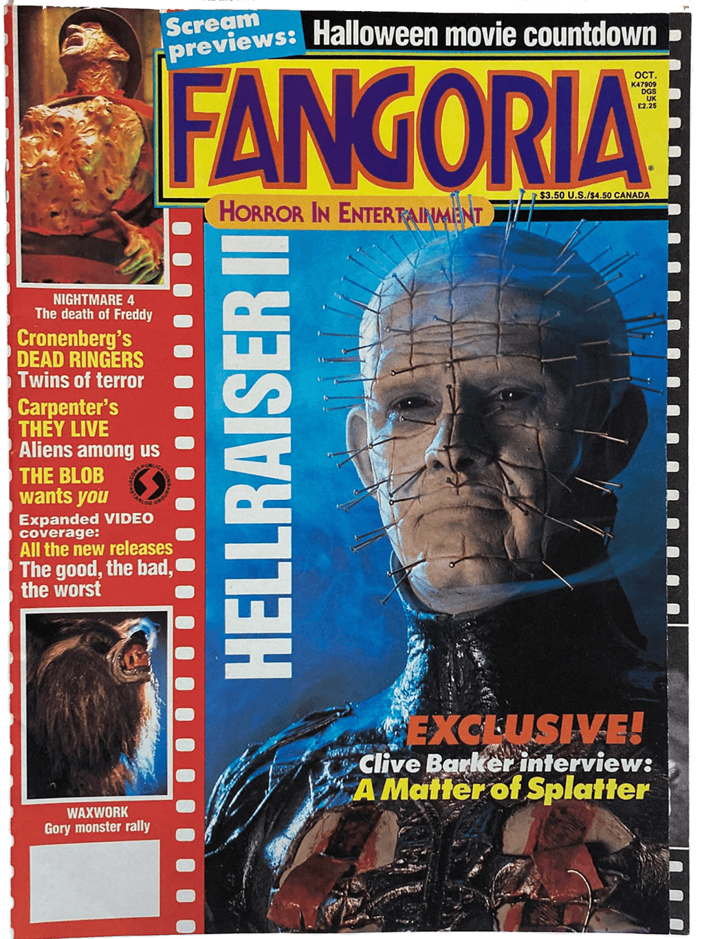 Fangoria Magazine #78 featuring Hellraiser II cover with Pinhead and horror movie countdown in vintage grindhouse style.