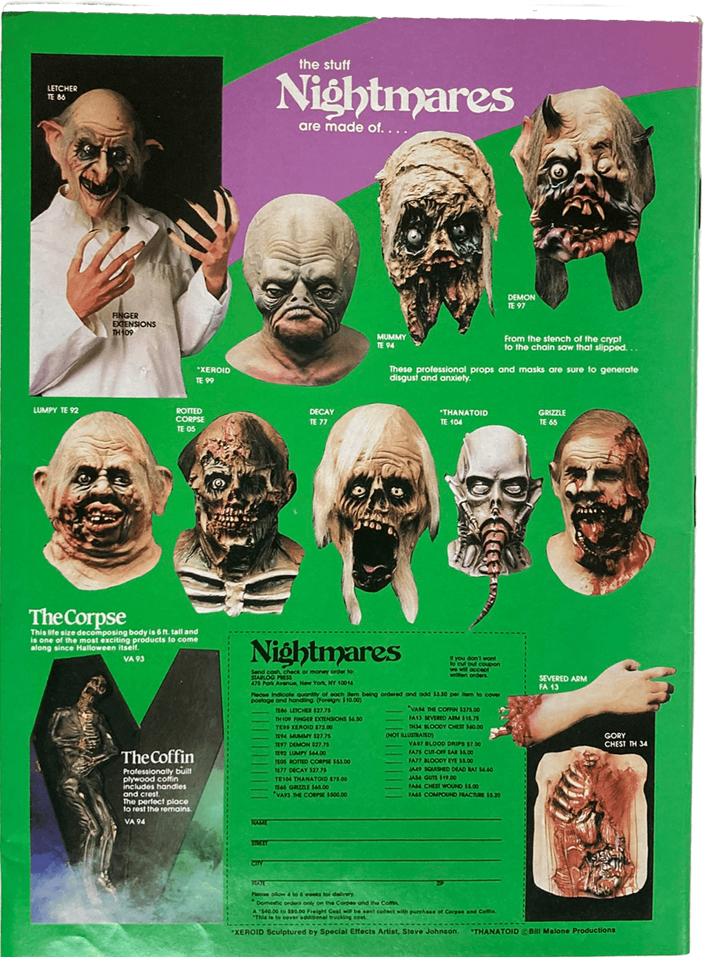 Fangoria Magazine #78 horror feature showing vintage monster masks and props with detailed descriptions on green background.