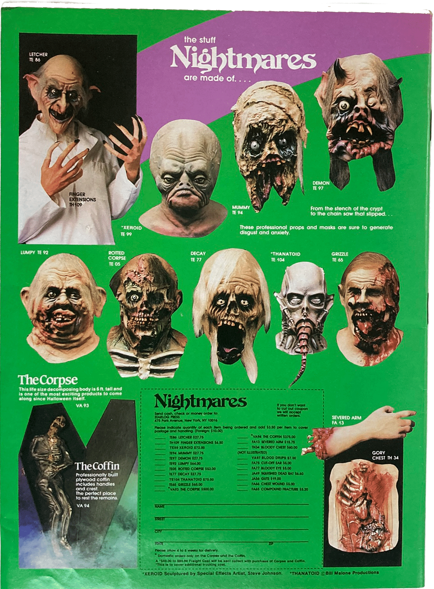 Fangoria Magazine #78 horror feature showing vintage monster masks and props with detailed descriptions on green background.