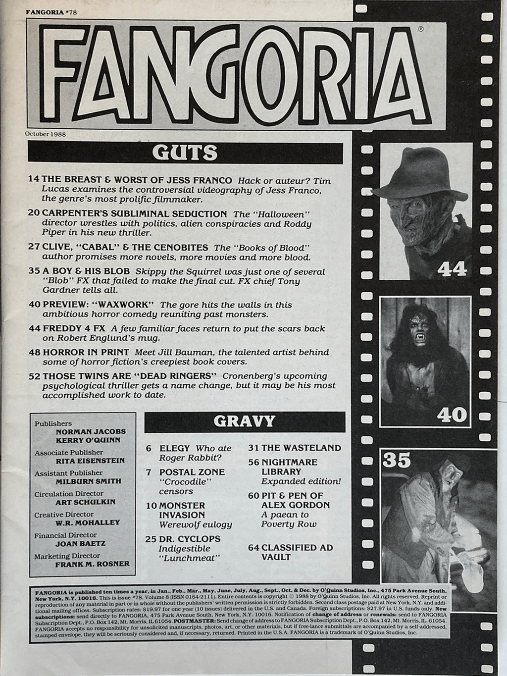 Fangoria Magazine #78 cover page from October 1988 featuring vintage horror film articles and black-and-white images.