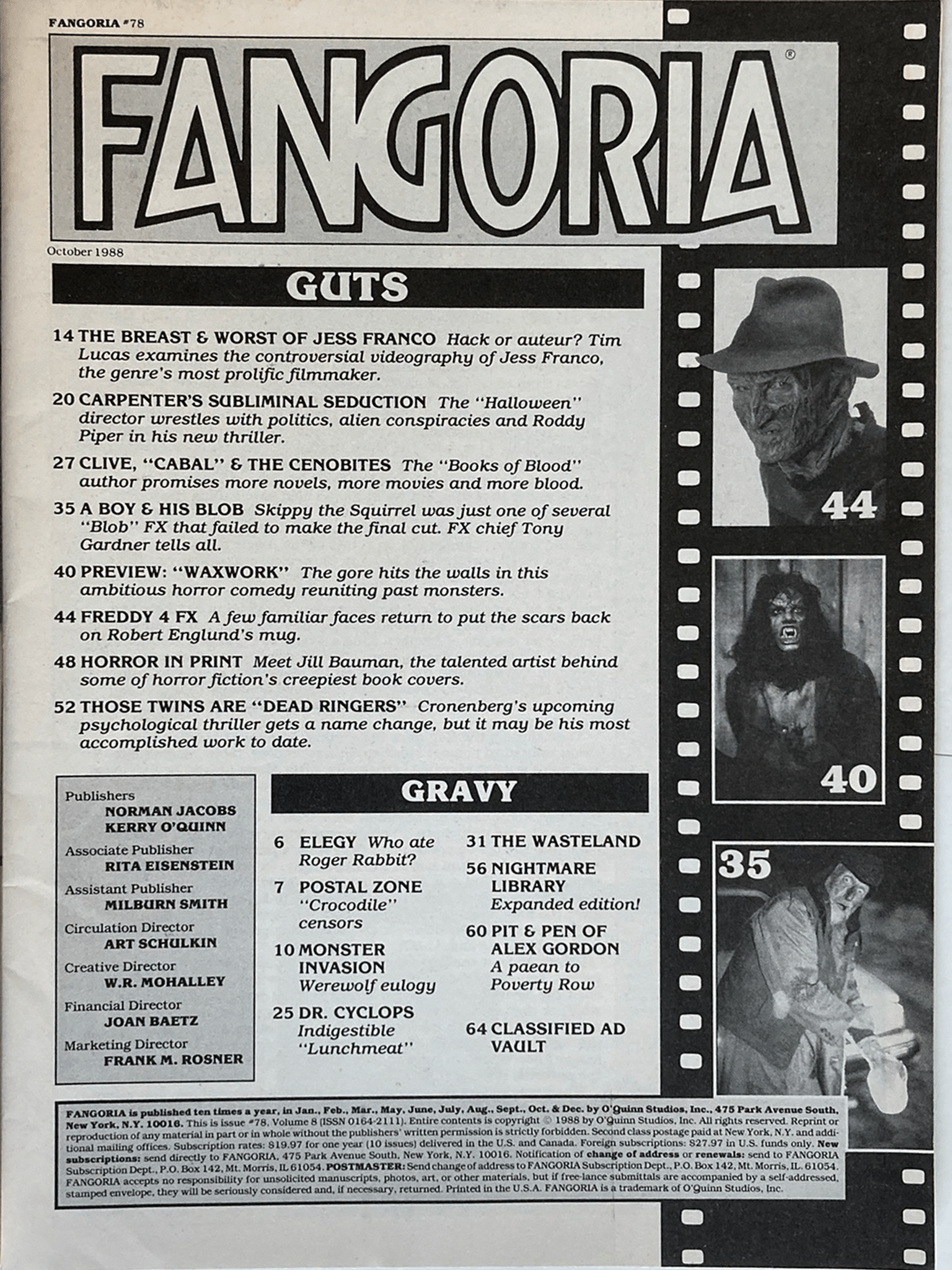Fangoria Magazine #78 cover page from October 1988 featuring vintage horror film articles and black-and-white images.