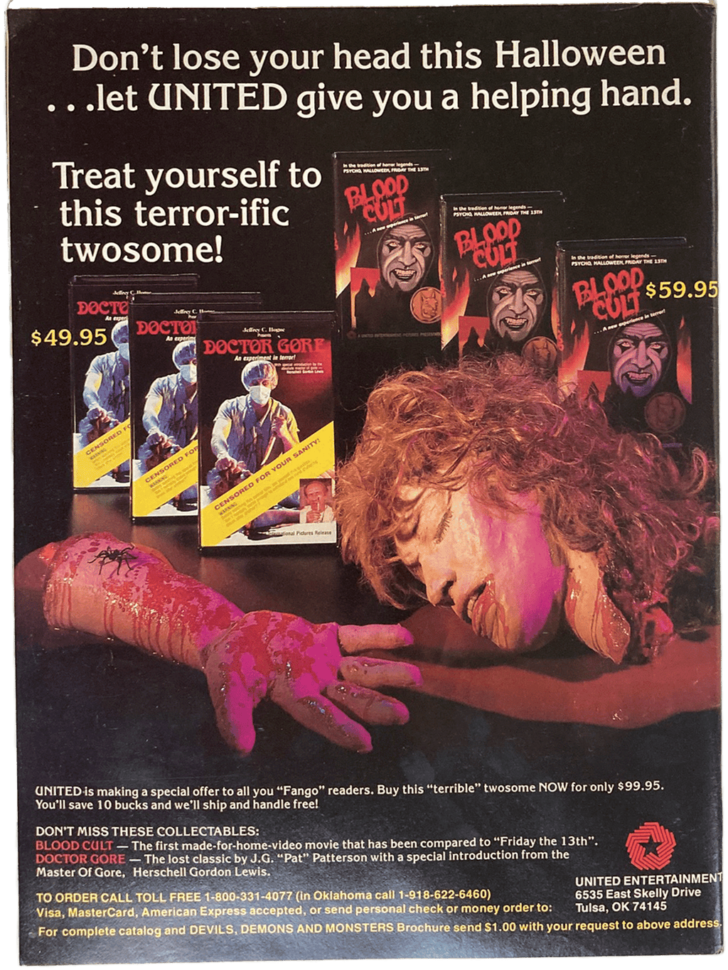 Fangoria Magazine #49 cover featuring horror movie ads with severed hand and bloody arm in vintage Halloween style.