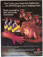 Fangoria Magazine #49 cover featuring horror movie ads with severed hand and bloody arm in vintage Halloween style.