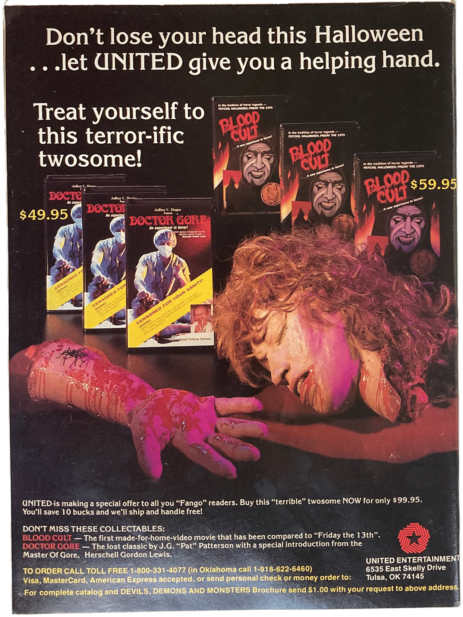 Fangoria Magazine #49 cover featuring horror movie ads with severed hand and bloody arm in vintage Halloween style.