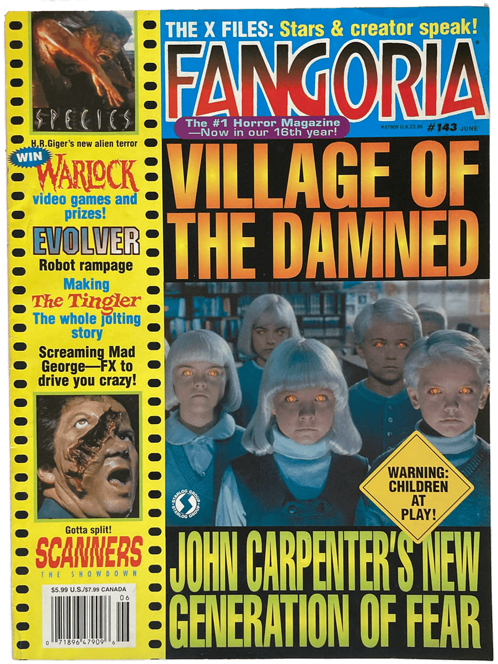 Fangoria Magazine #143 cover featuring Village of the Damned with eerie children and horror film headlines.