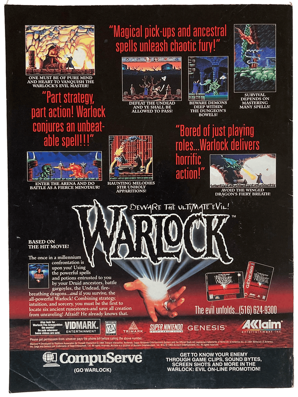 Back cover of Fangoria Magazine #143 showcasing vintage Warlock game ads with horror-themed text and pixel art scenes.