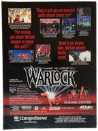 Back cover of Fangoria Magazine #143 showcasing vintage Warlock game ads with horror-themed text and pixel art scenes.