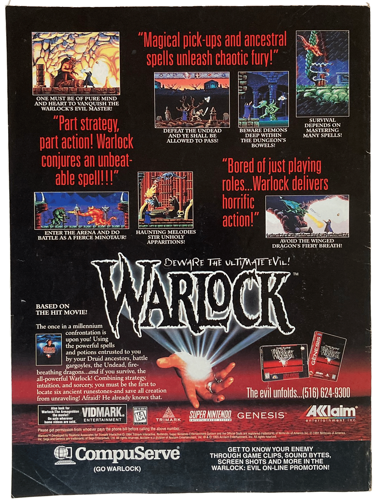 Back cover of Fangoria Magazine #143 showcasing vintage Warlock game ads with horror-themed text and pixel art scenes.