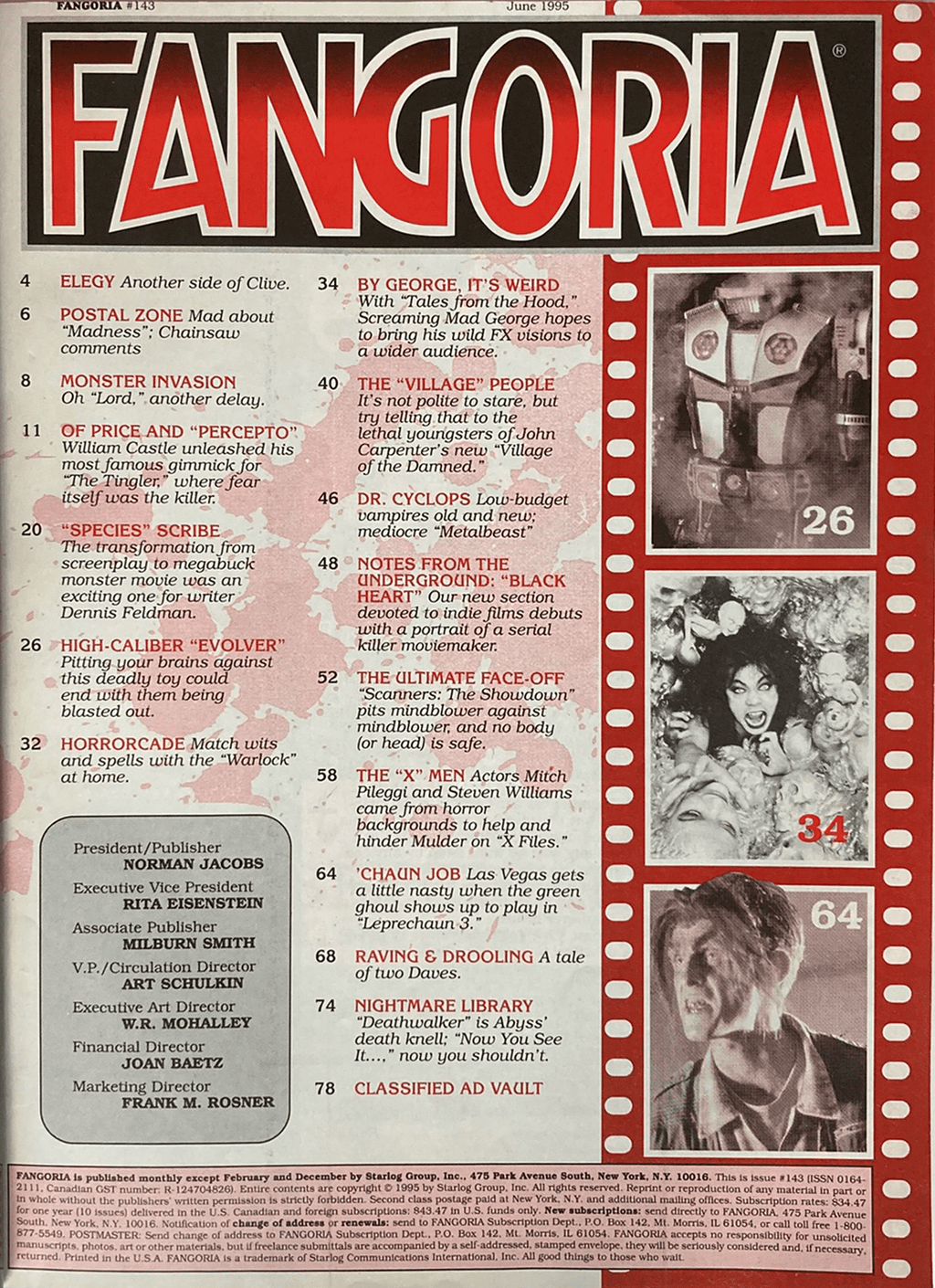 Fangoria Magazine #143 back cover showing vintage horror film scenes and table of contents from June 1995 issue