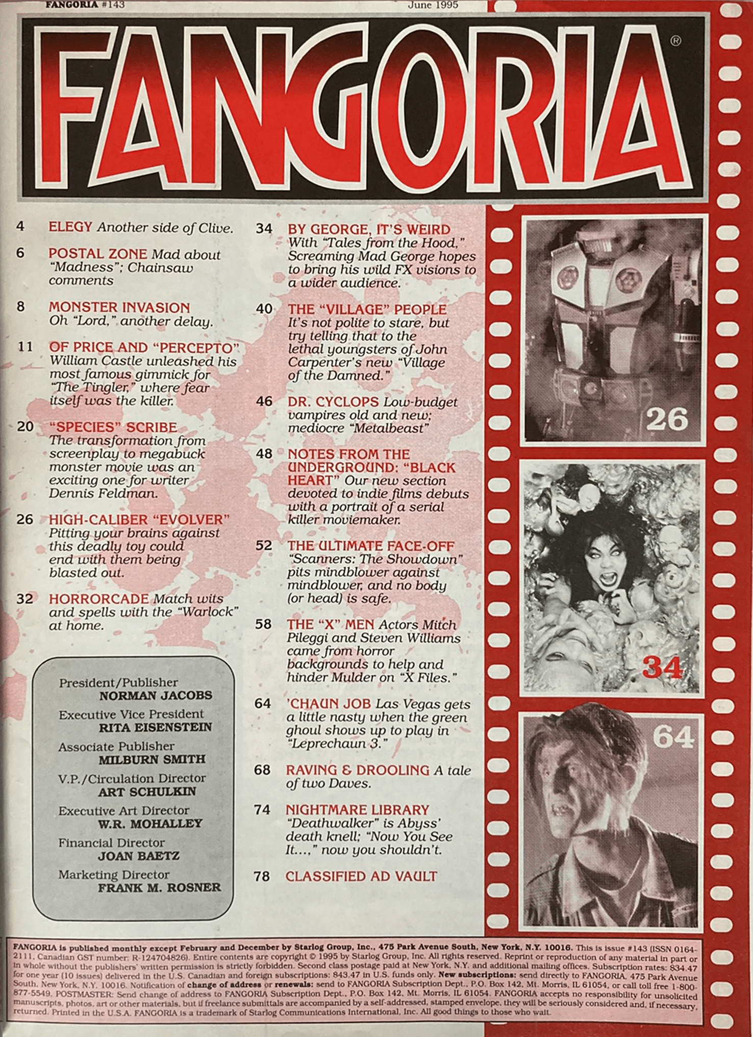 Fangoria Magazine #143 back cover showing vintage horror film scenes and table of contents from June 1995 issue