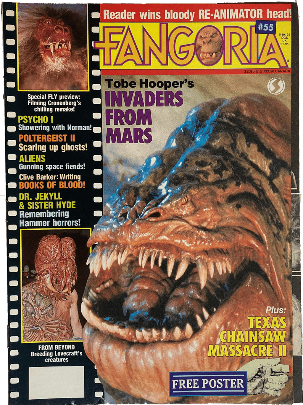 Fangoria Magazine #55 cover with Tobe Hooper’s Invaders from Mars creature and horror film features including Texas Chainsaw Massacre II