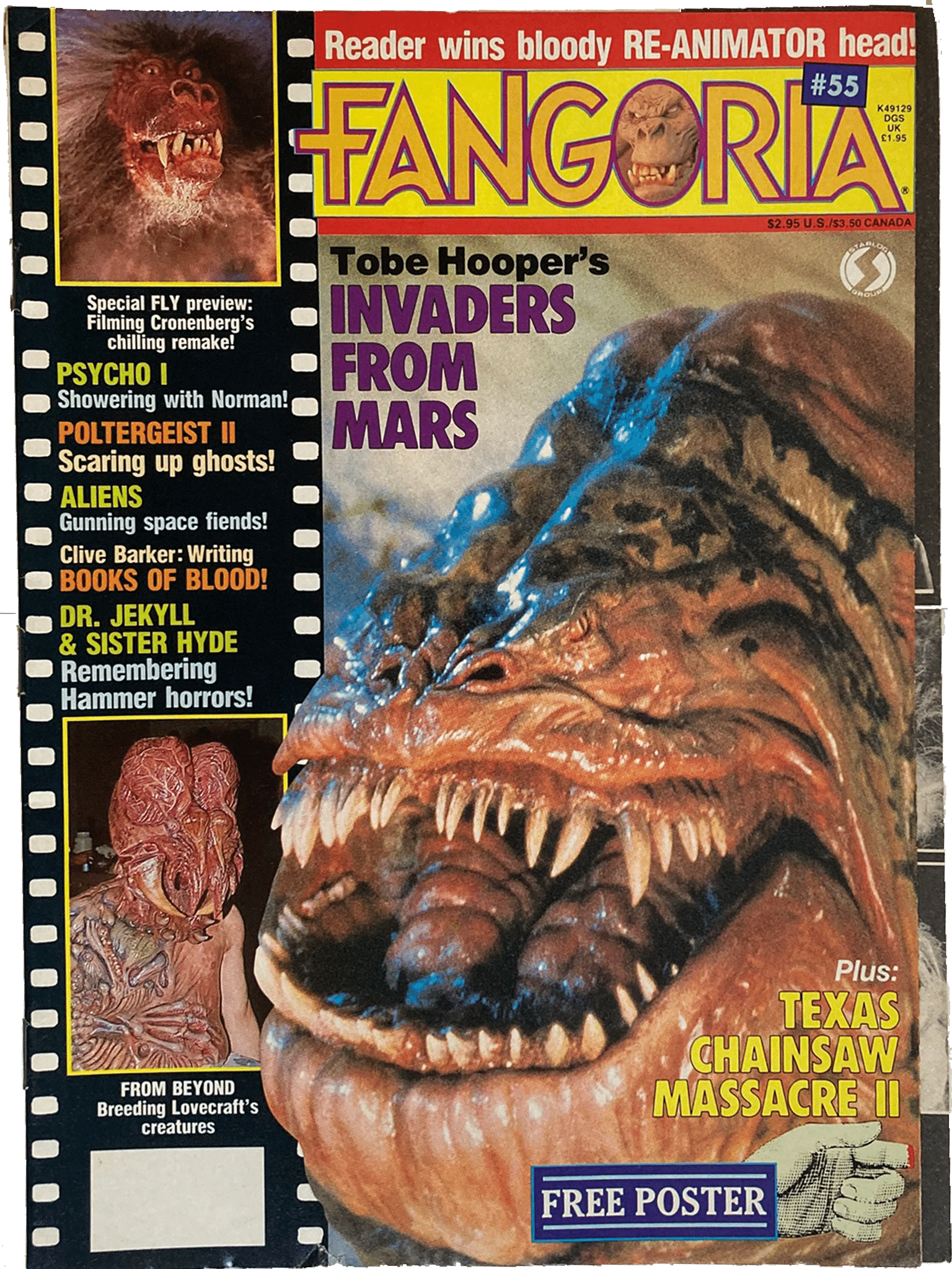 Fangoria Magazine #55 cover with Tobe Hooper’s Invaders from Mars creature and horror film features including Texas Chainsaw Massacre II