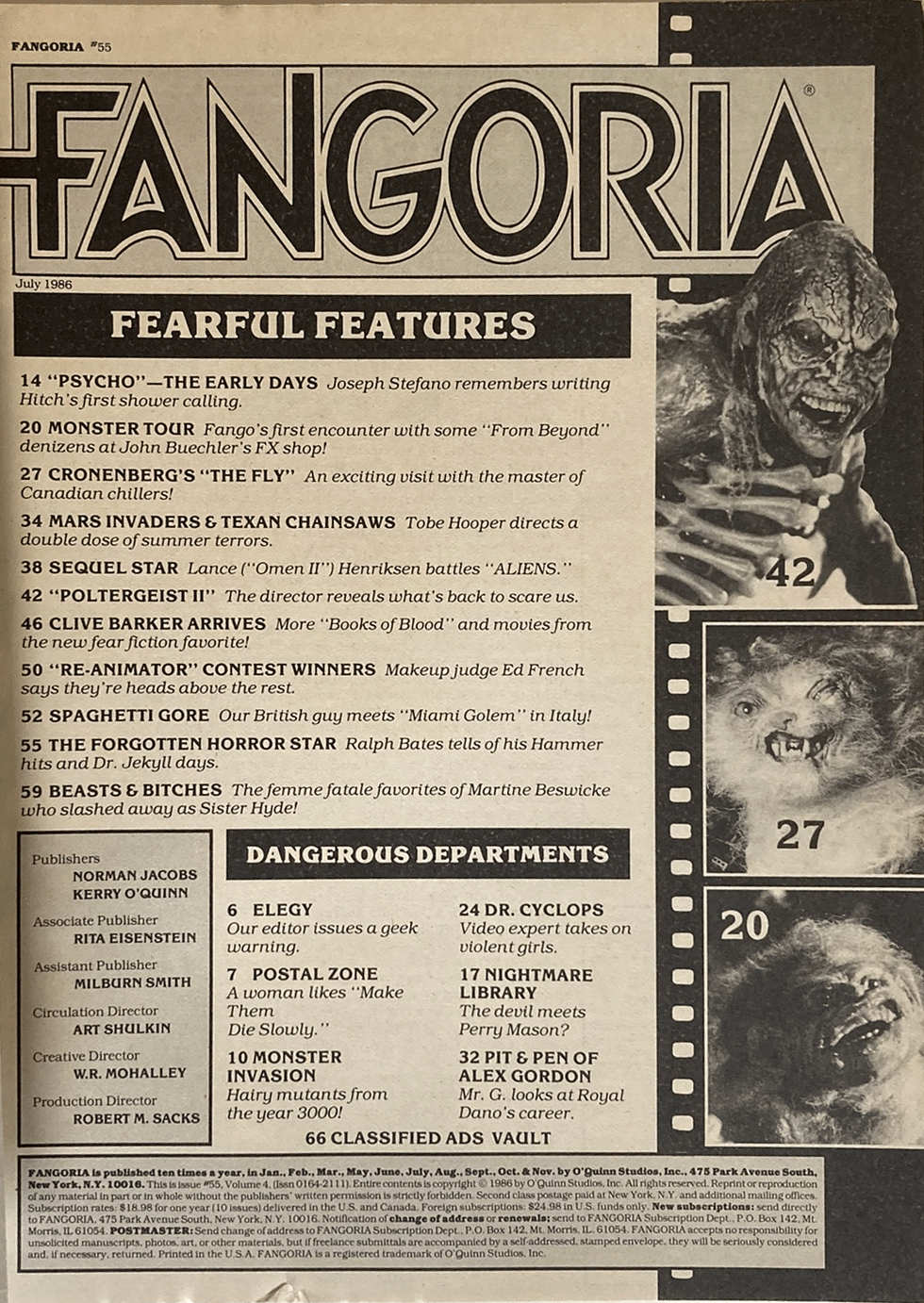 Fangoria Magazine #55 cover July 1986 featuring horror film features, creature close-up, and Vintage Grindhouse style layout