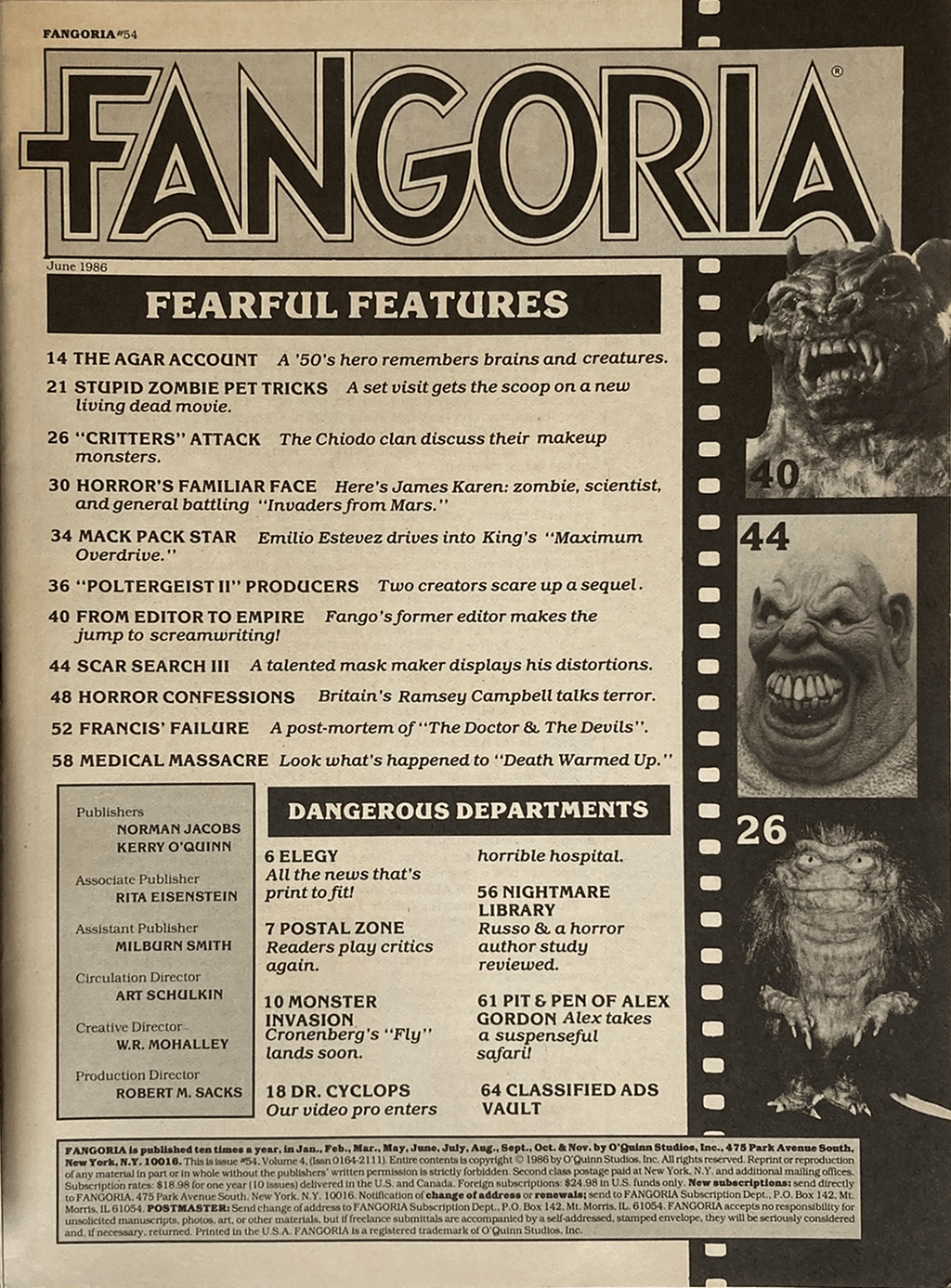 Fangoria Magazine #54 cover from June 1986 with horror film articles, monster makeup features, and a terrifying creature collage.