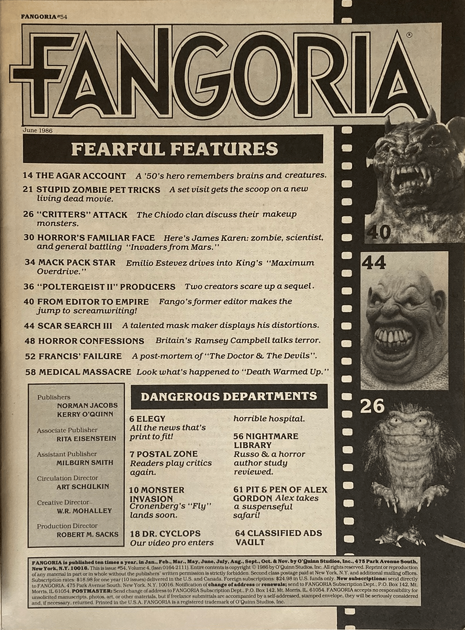 Fangoria Magazine #54 cover from June 1986 with horror film articles, monster makeup features, and a terrifying creature collage.