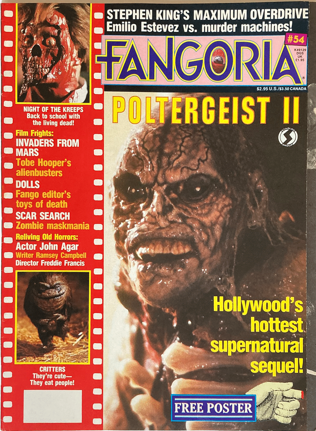 Fangoria Magazine #54 cover featuring Poltergeist II with horror creature and film fright headlines from classic horror movies.