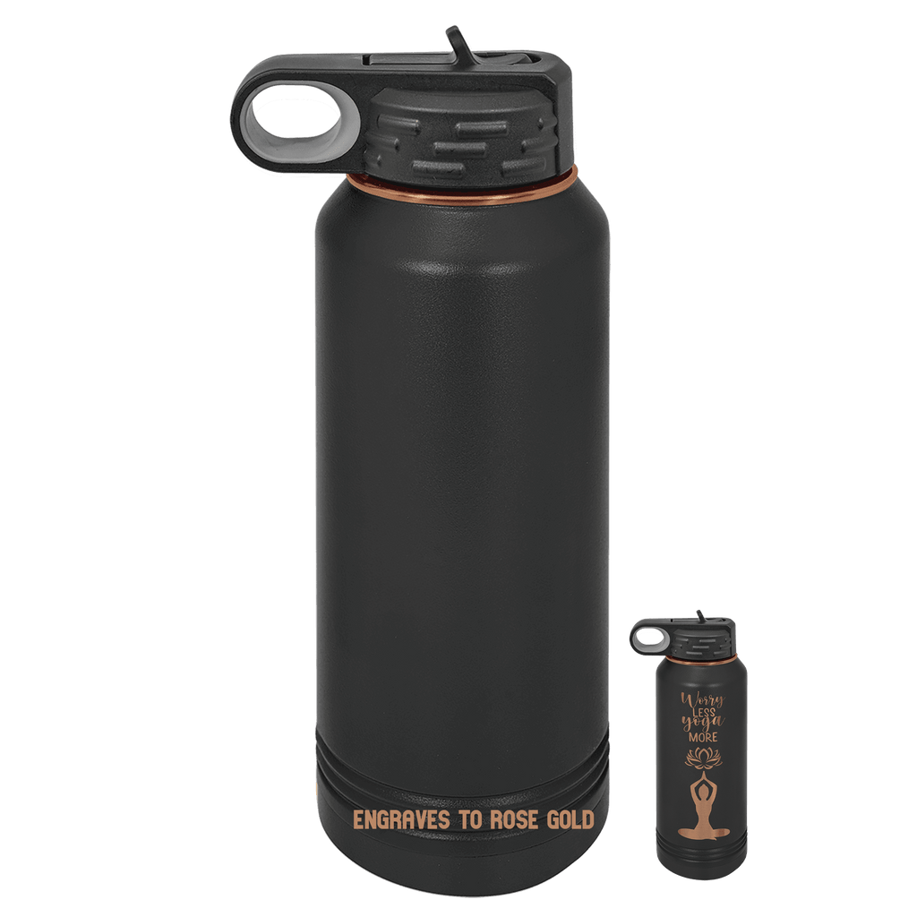 A matte black insulated water bottle with a matching black lid and a rose gold accent ring and engraved text, shown alongside a smaller inset view of the same bottle on a muted blue-gray background.
