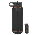 A matte black insulated water bottle with a matching black lid and a rose gold accent ring and engraved text, shown alongside a smaller inset view of the same bottle on a muted blue-gray background.