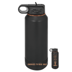 A matte black insulated water bottle with a matching black lid and a rose gold accent ring and engraved text, shown alongside a smaller inset view of the same bottle on a muted blue-gray background.