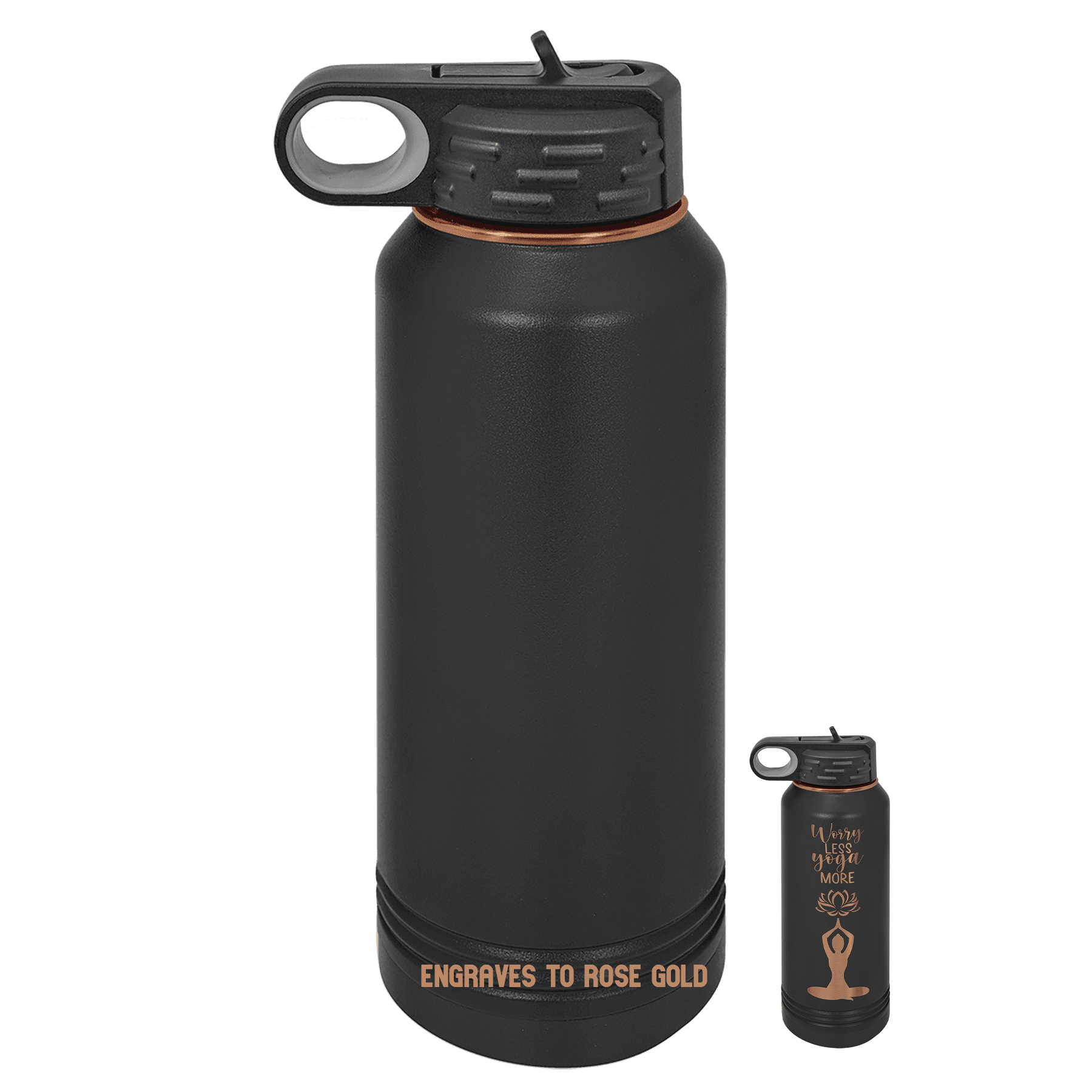 A matte black insulated water bottle with a matching black lid and a rose gold accent ring and engraved text, shown alongside a smaller inset view of the same bottle on a muted blue-gray background.