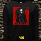 Black long-sleeve shirt with a graphic design of a hooded figure and text on a brick wall background.