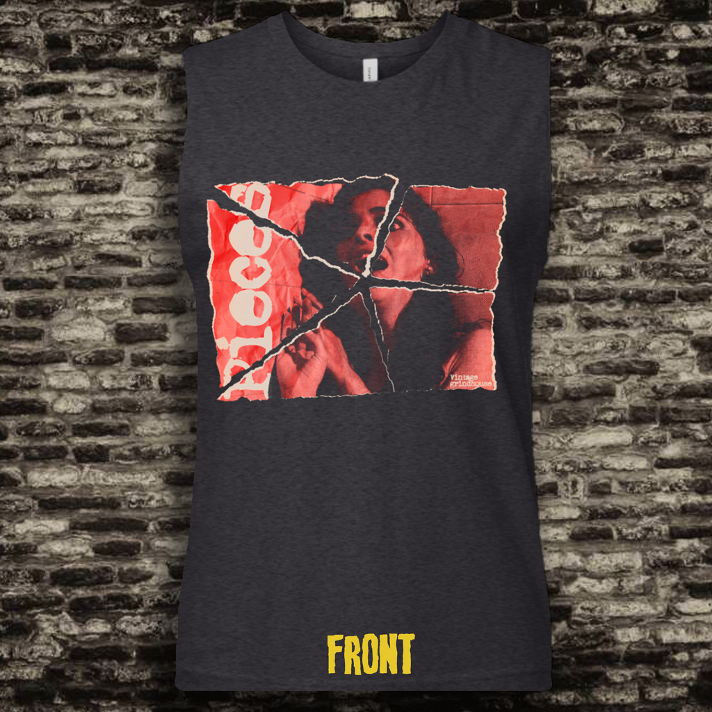 Black sleeveless muscle tank with a graphic inspired by the movie Pieces