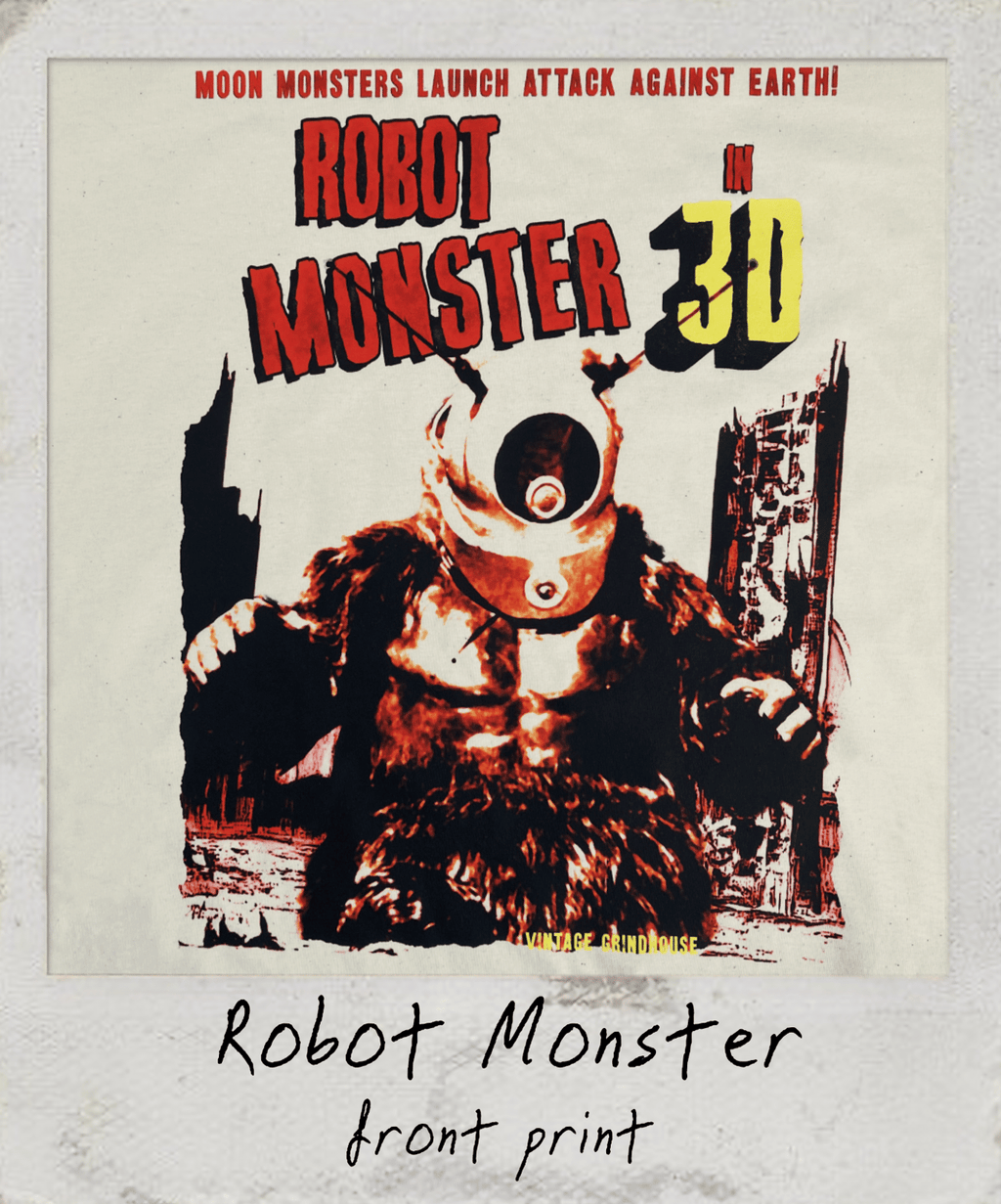 Vintage-style poster of a robot monster with text about an attack on Earth, featuring a retro design.