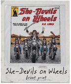 Comic book cover titled 'She-Devils on Wheels' with a woman on a motorcycle and text.