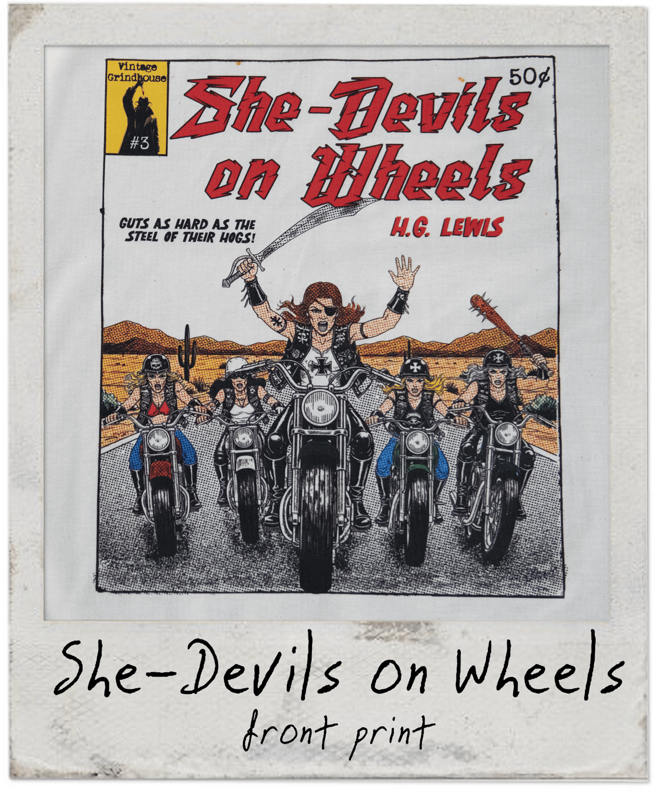 Comic book cover titled 'She-Devils on Wheels' with a woman on a motorcycle and text.