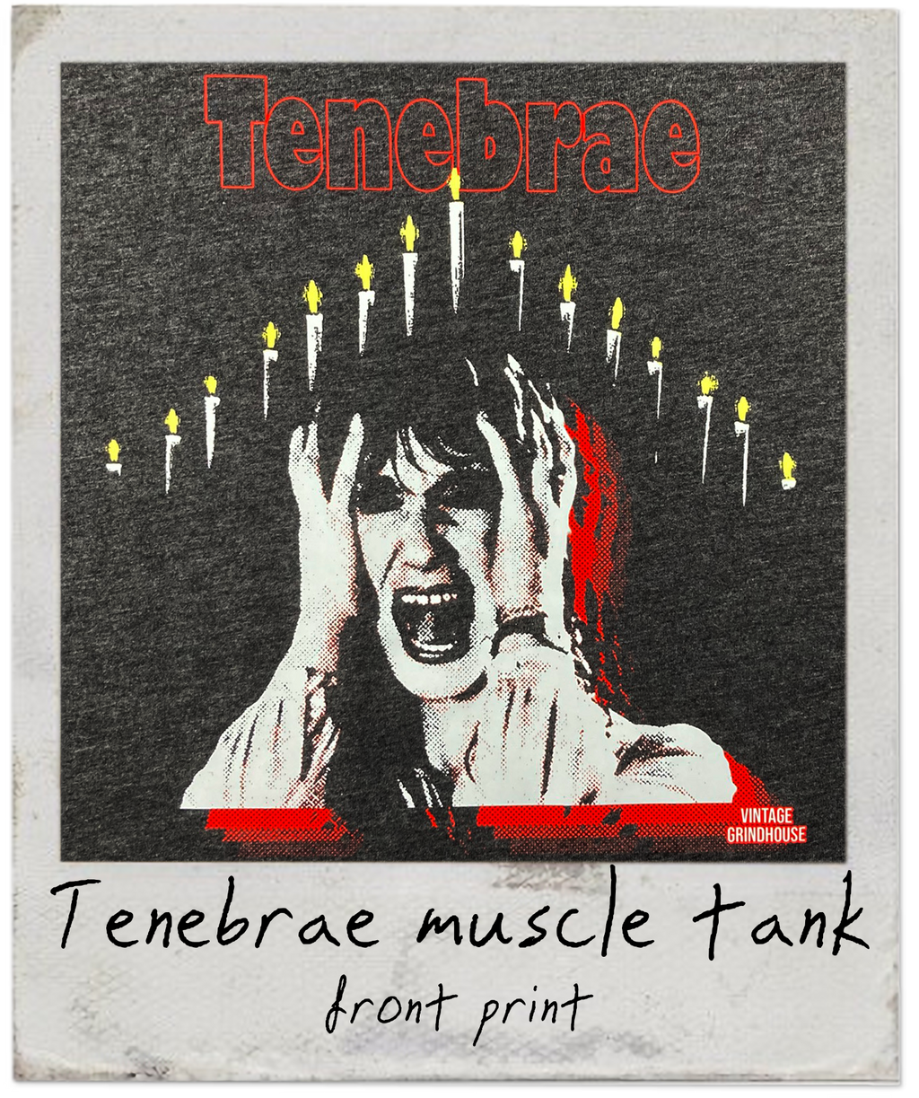 Tenebrae muscle tank front print with graphic design and text.