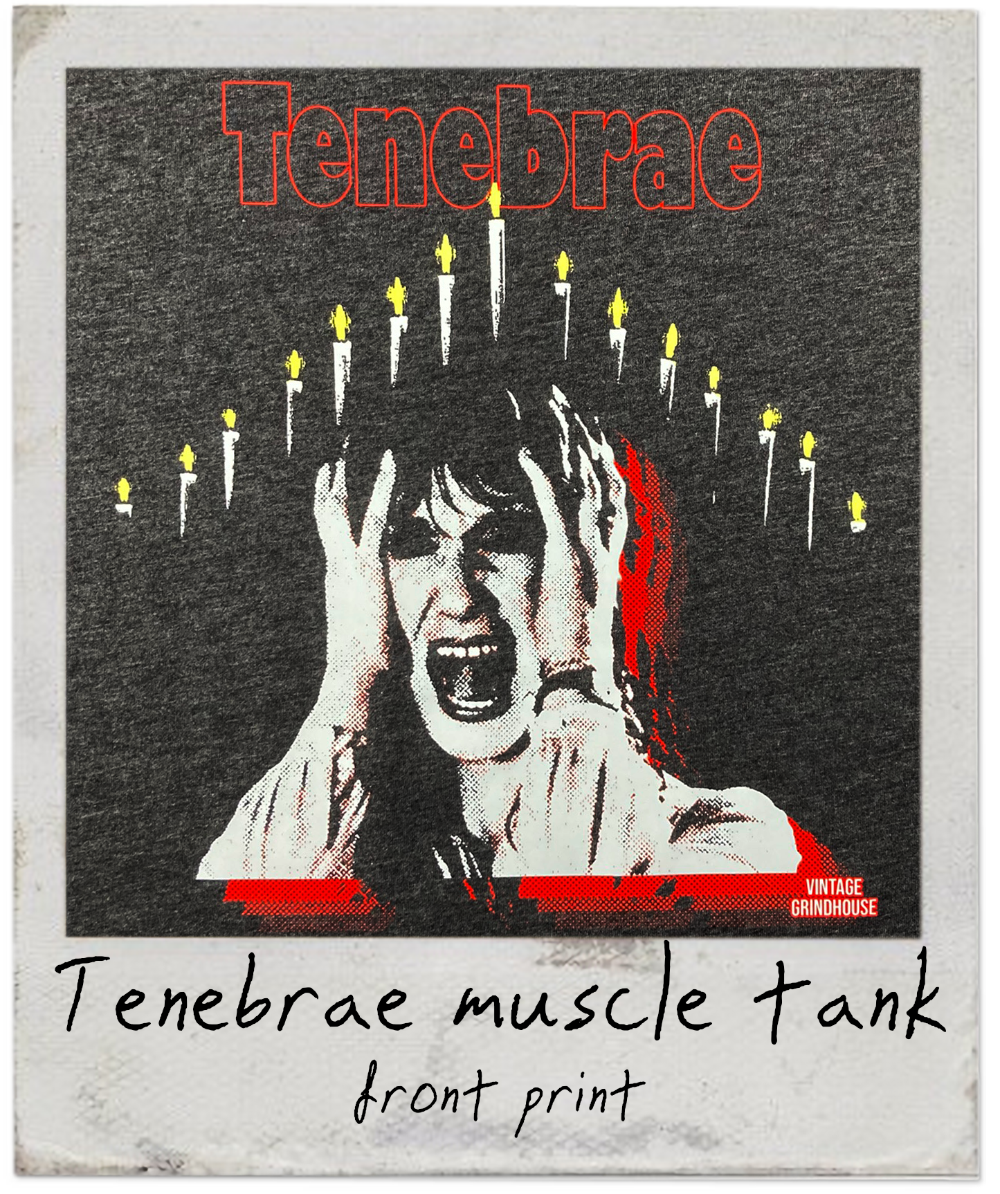 Tenebrae muscle tank front print with graphic design and text.