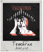 T-shirt with 'Tenebrae' design featuring a woman with candles and text on a black background.