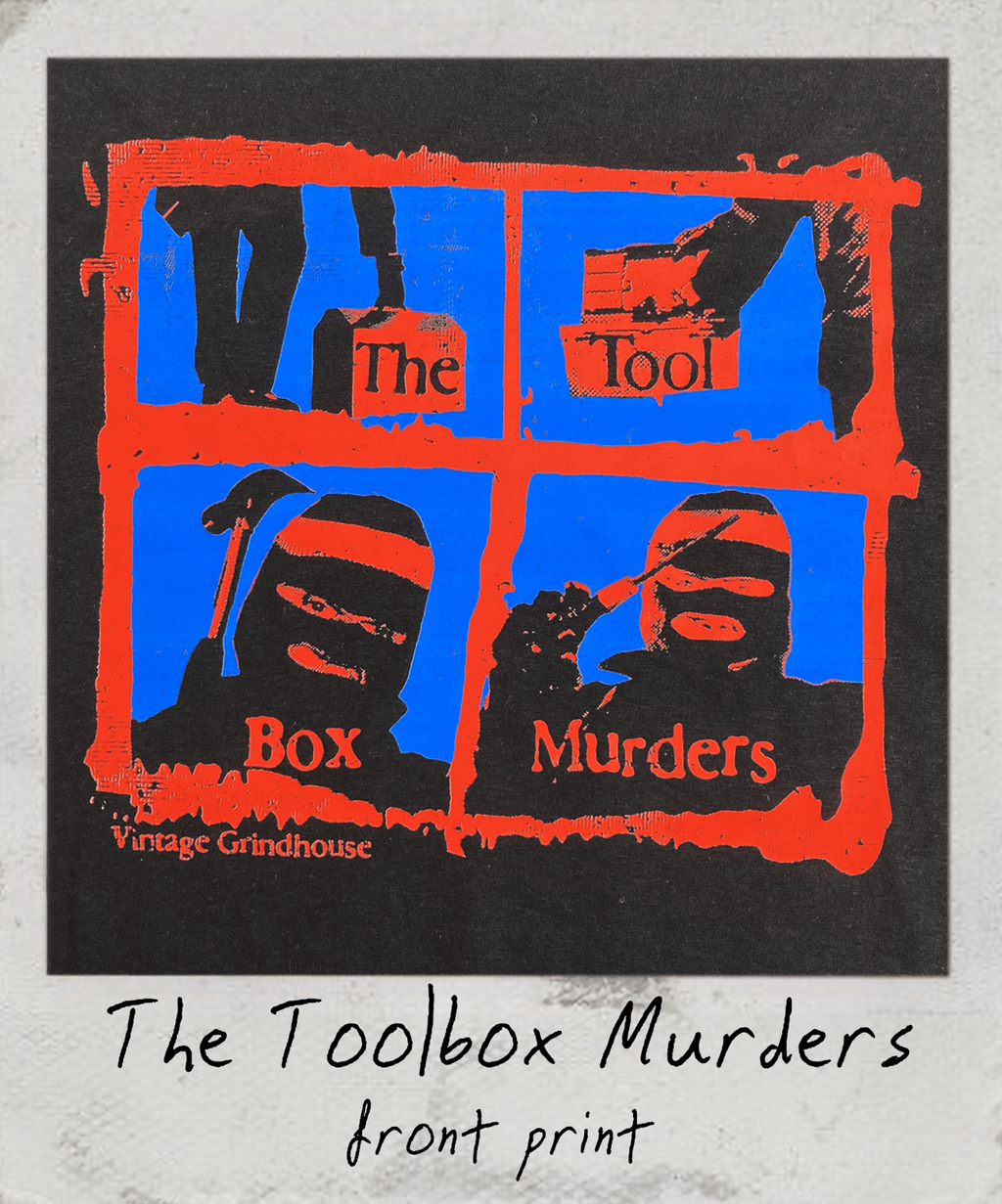 Stylized graphic with text 'The Toolbox Murders' on a black background