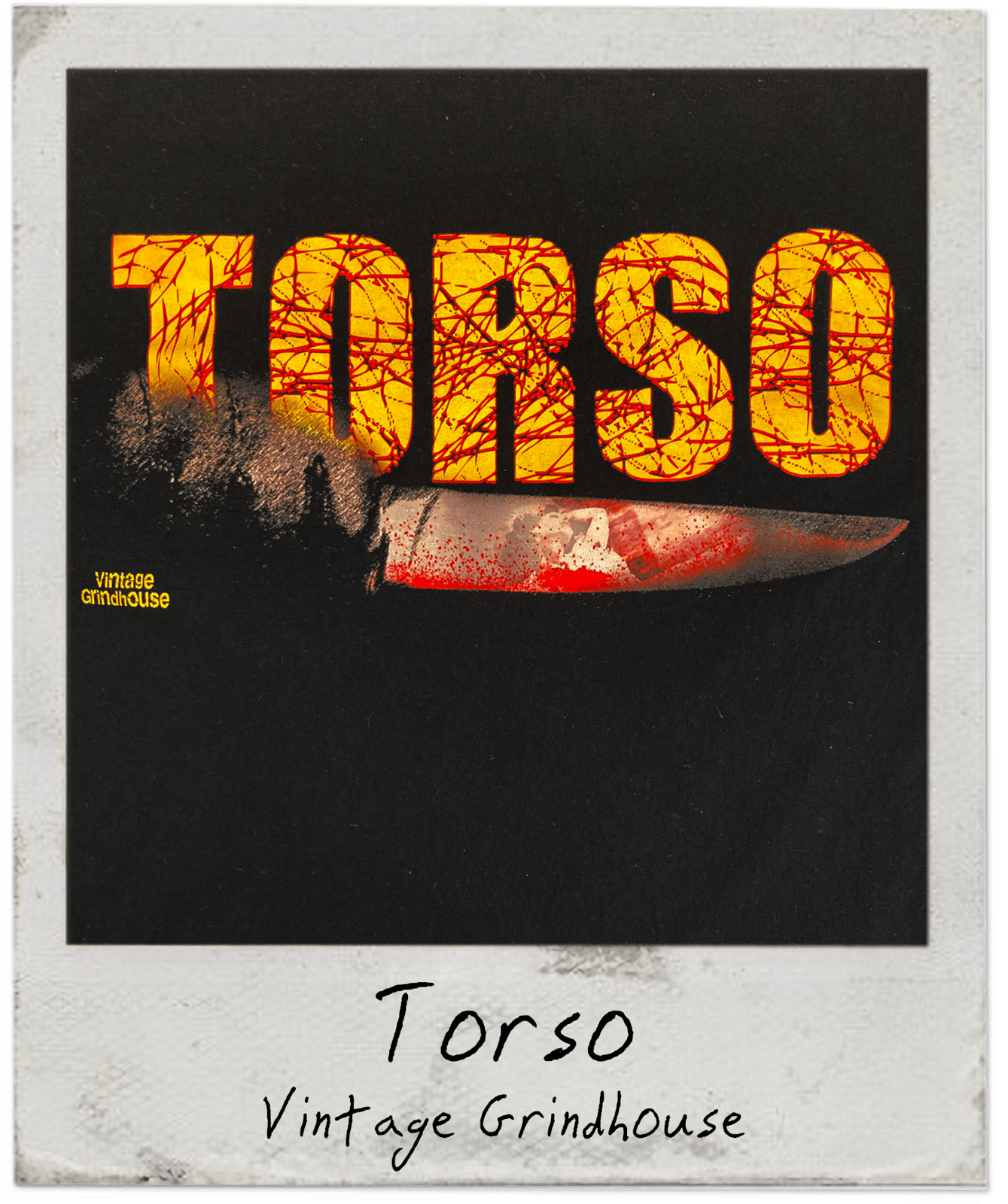 Vintage Grindhouse poster with 'Torso' text and knife on a dark background
