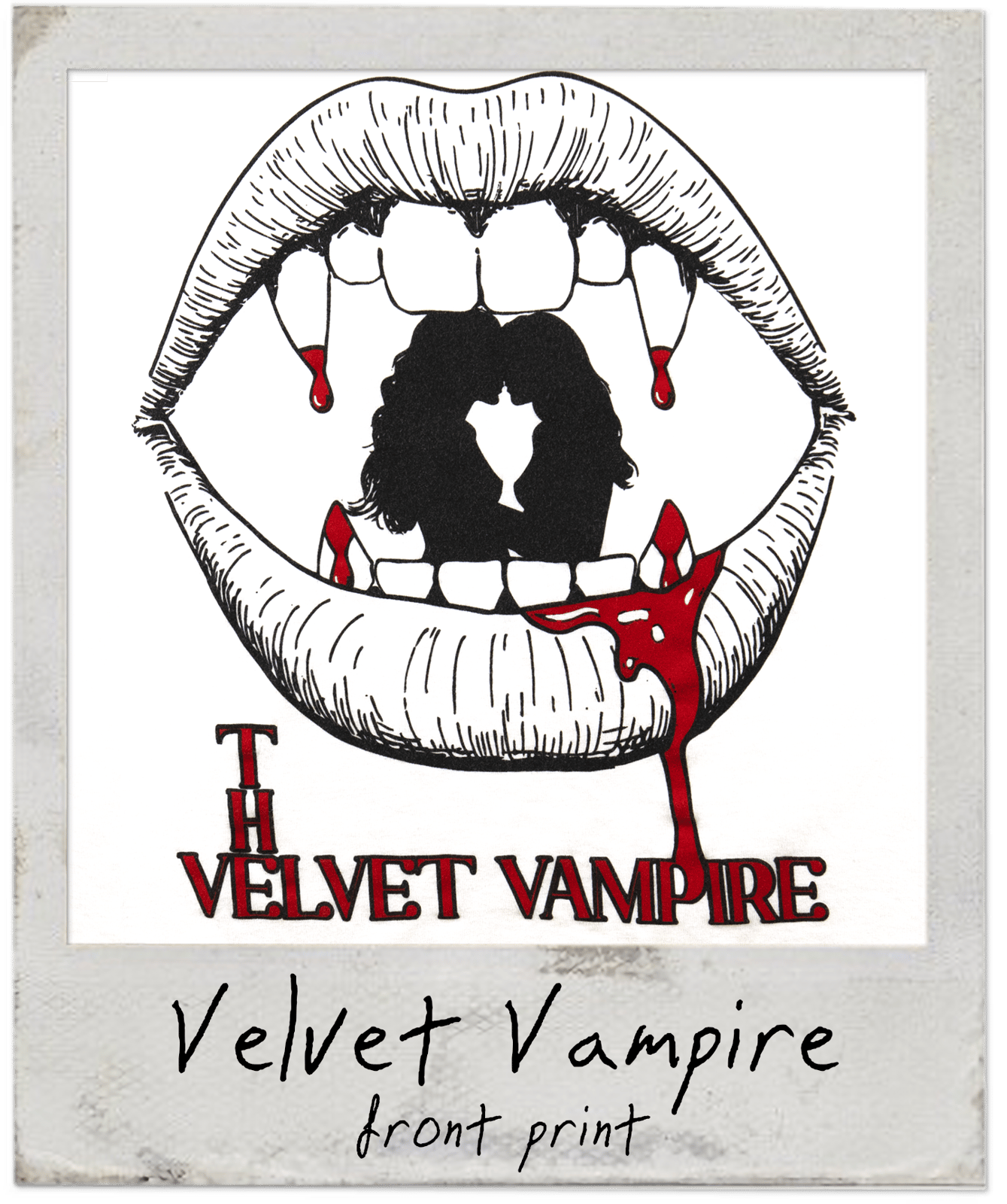 Illustration of a mouth with a silhouette of a person inside, labeled 'The Velvet Vampire'.