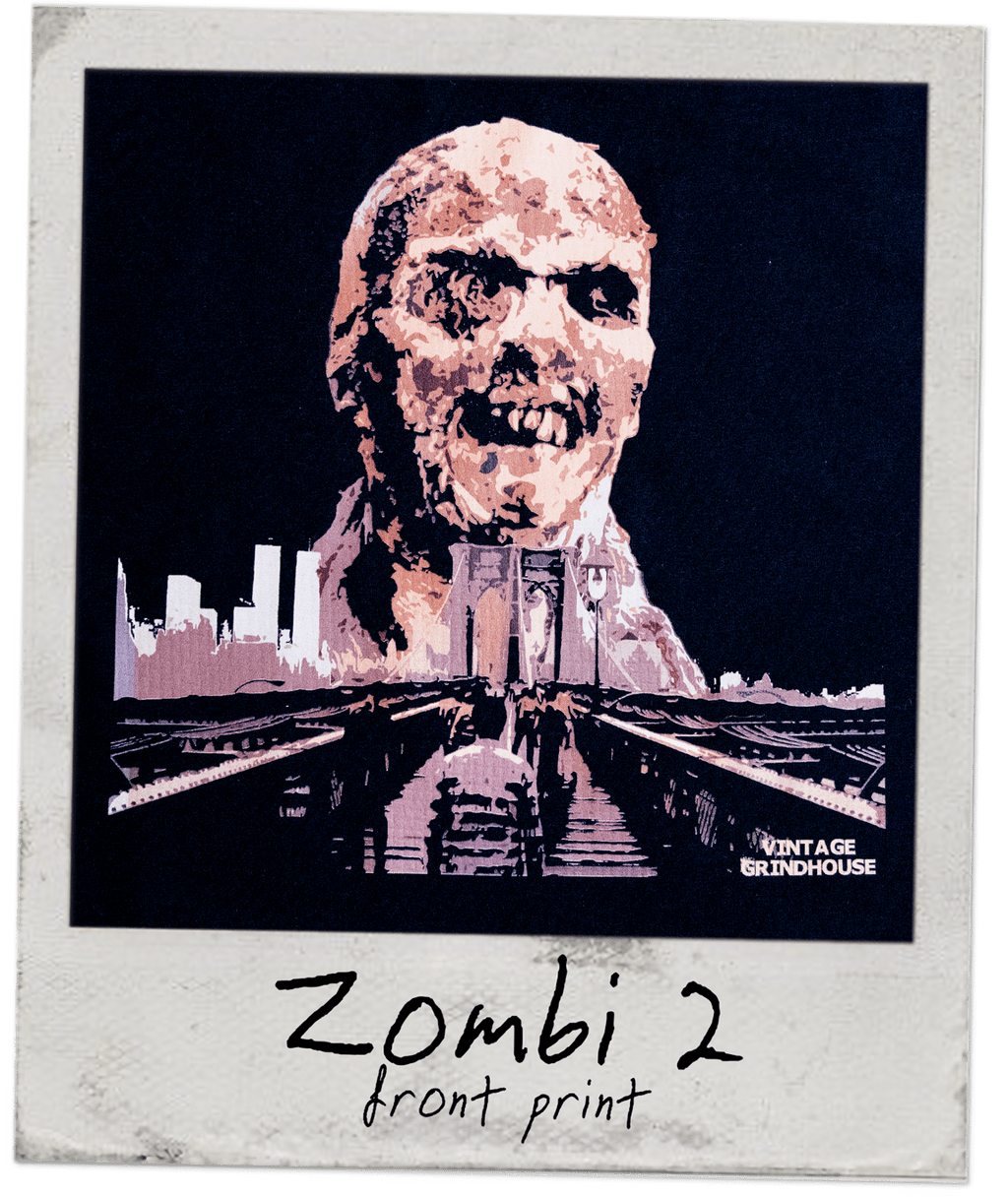 Artistic depiction of a zombie with a cityscape background, labeled 'Zombi 2' and 'Vintage Grindhouse'.