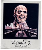 Artistic depiction of a zombie with a cityscape background, labeled 'Zombi 2' and 'Vintage Grindhouse'.