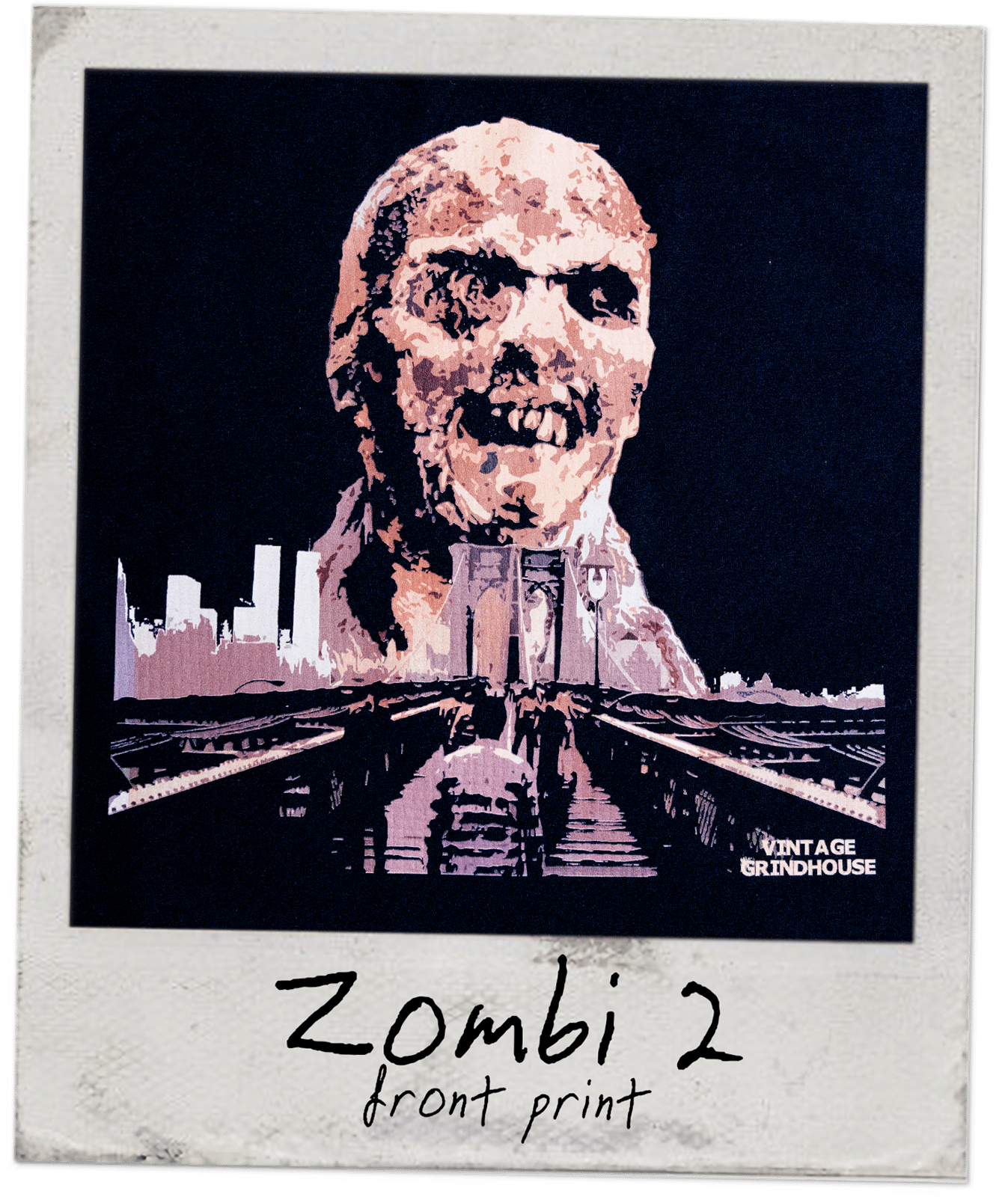 Artistic depiction of a zombie with a cityscape background, labeled 'Zombi 2' and 'Vintage Grindhouse'.