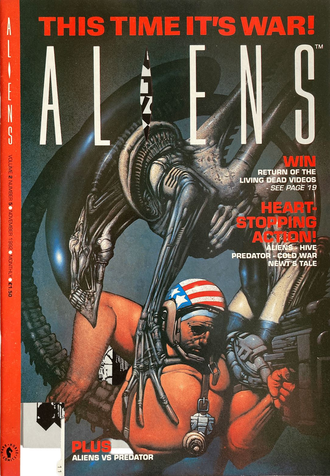 Comic book cover featuring an alien and a human in space gear with text 'This Time It's War! Aliens'.