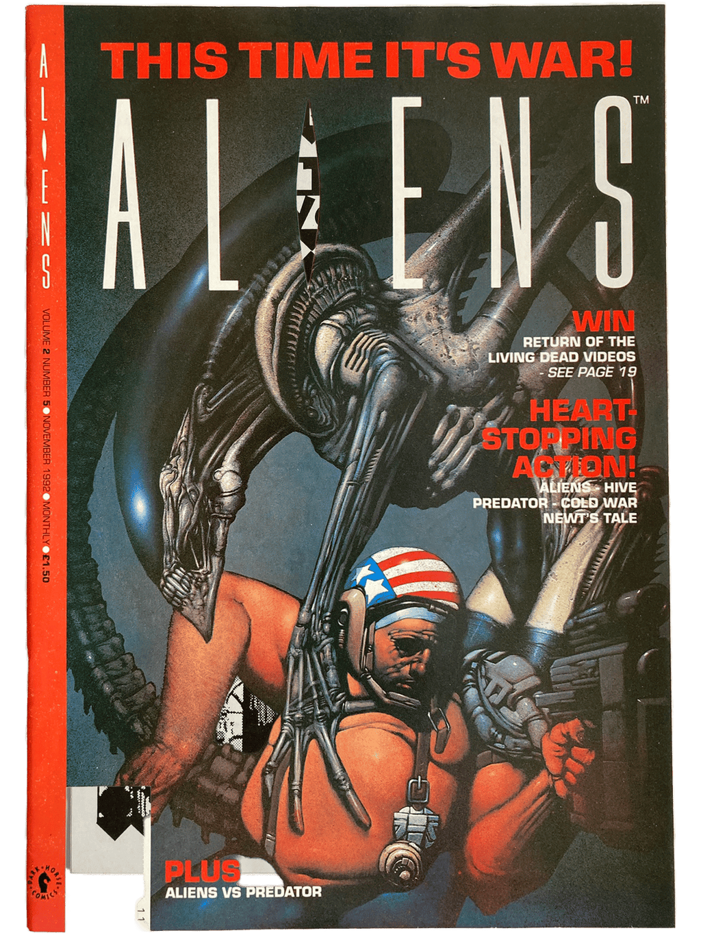 Comic book cover featuring an alien and a human in a military suit with text 'This Time It's War! Aliens'.