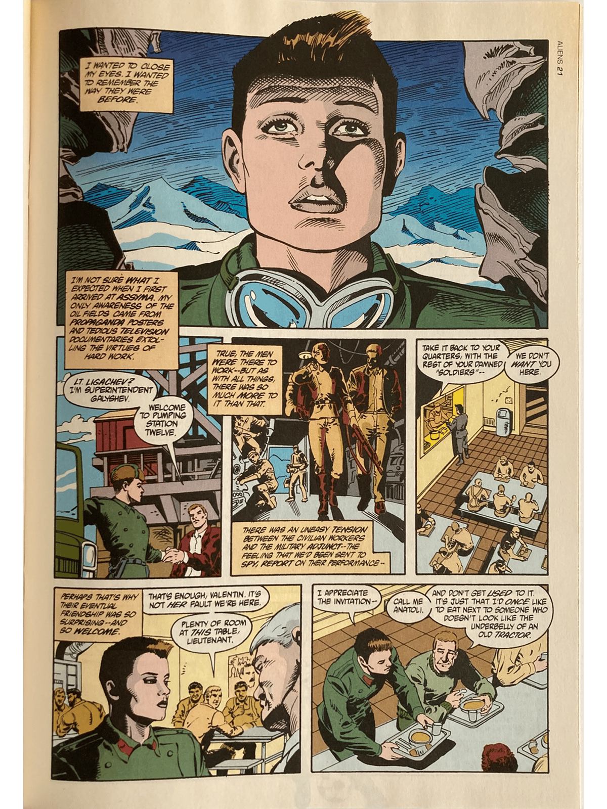 Comic book page with a character in a snowy landscape and indoor scenes.
