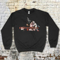 Anthropophagus sweatshirt with a dark graphic of a horror scene and distressed red gothic text on front