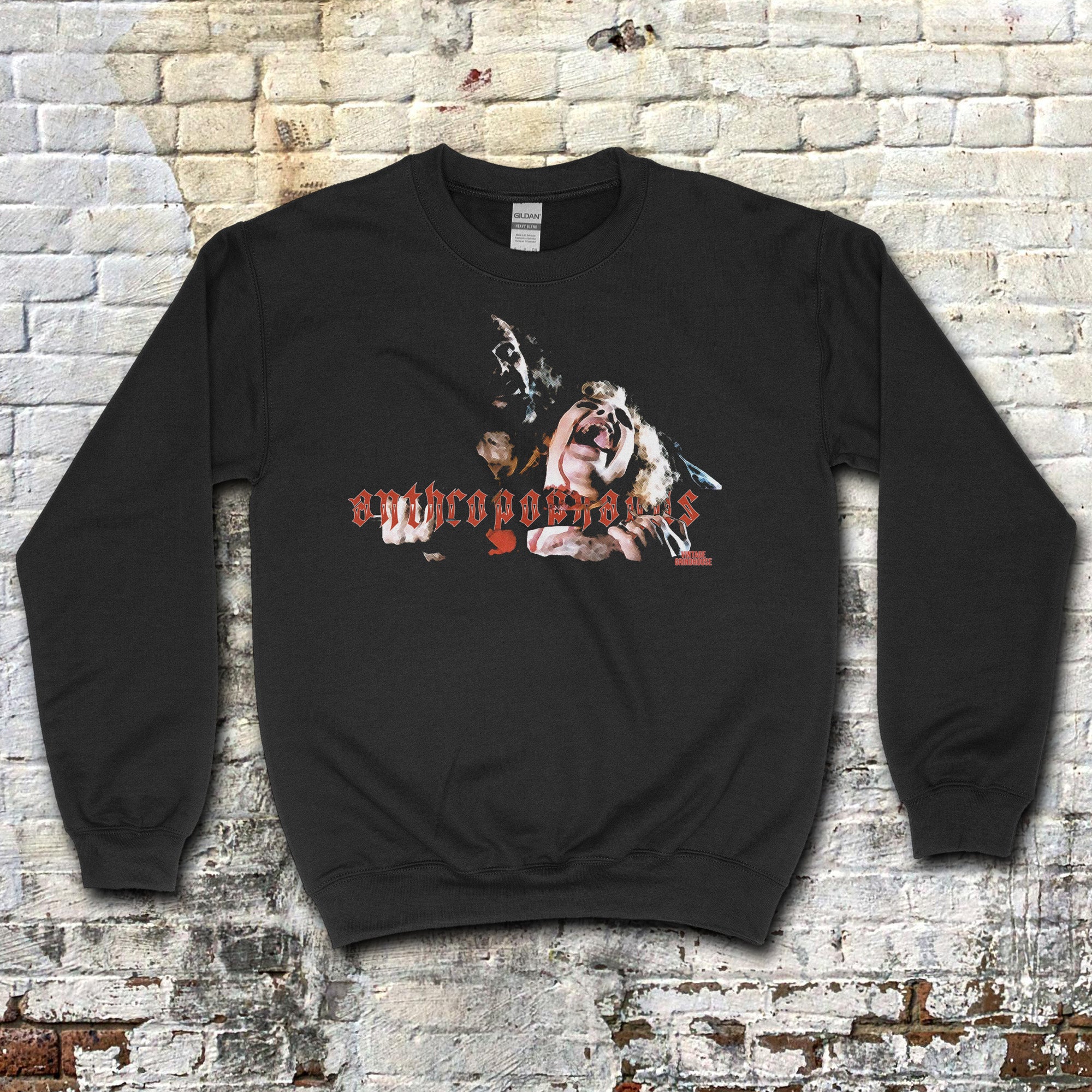 Anthropophagus sweatshirt with a dark graphic of a horror scene and distressed red gothic text on front
