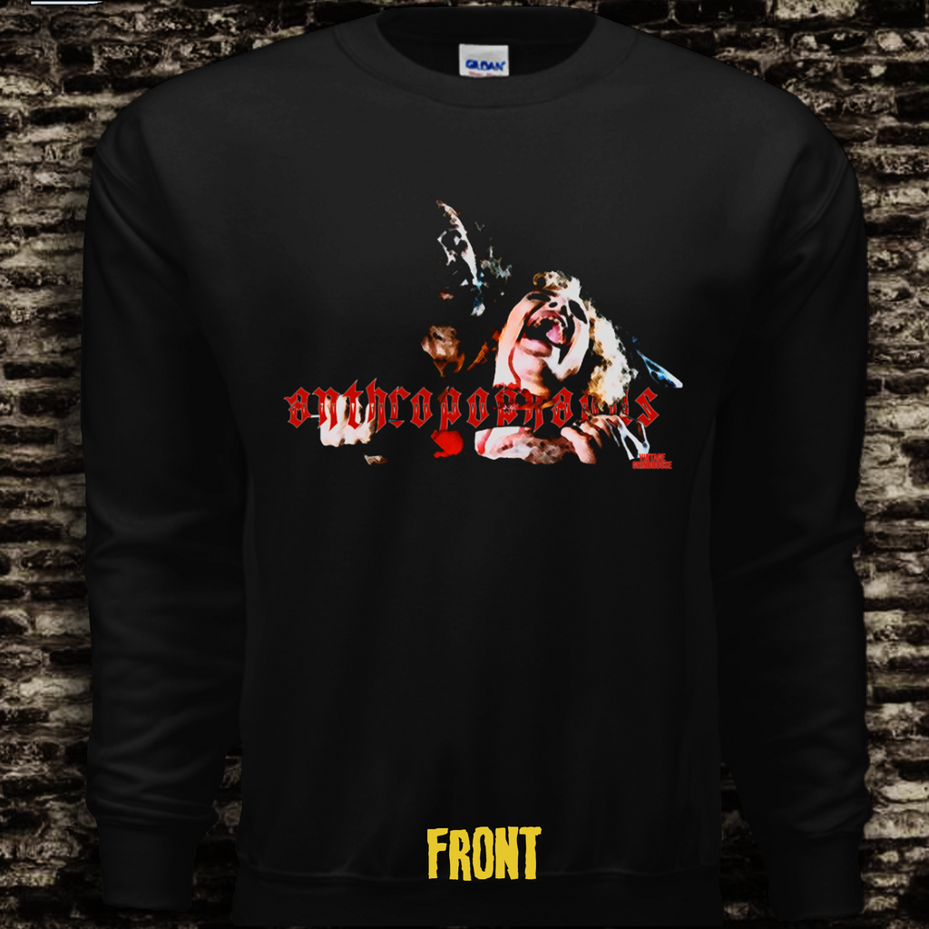 Black sweatshirt with design inspired by the horror movie Anthropophagus.