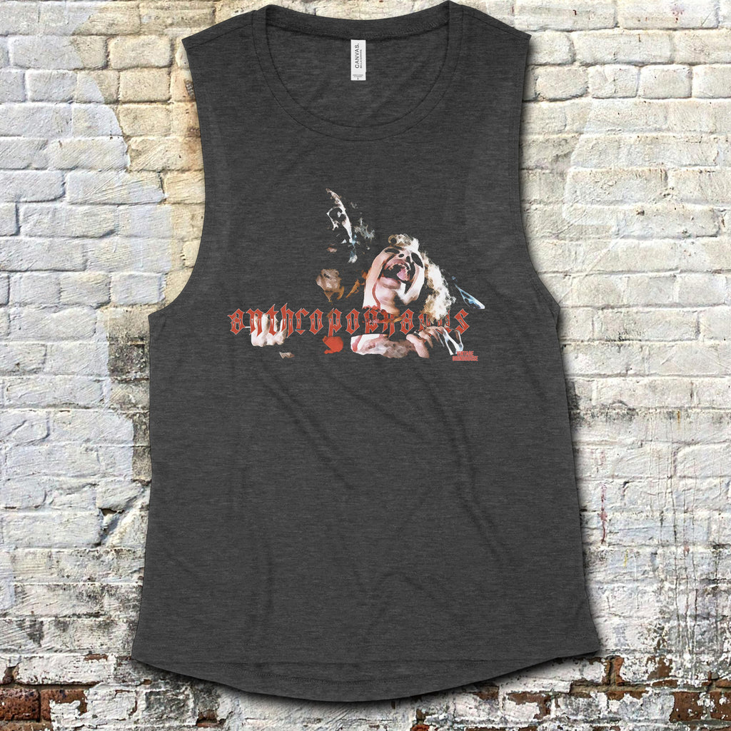 Anthropophagus muscle tank featuring graphic of screaming figure with distressed red text on charcoal fabric background