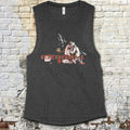 Anthropophagus muscle tank featuring graphic of screaming figure with distressed red text on charcoal fabric background